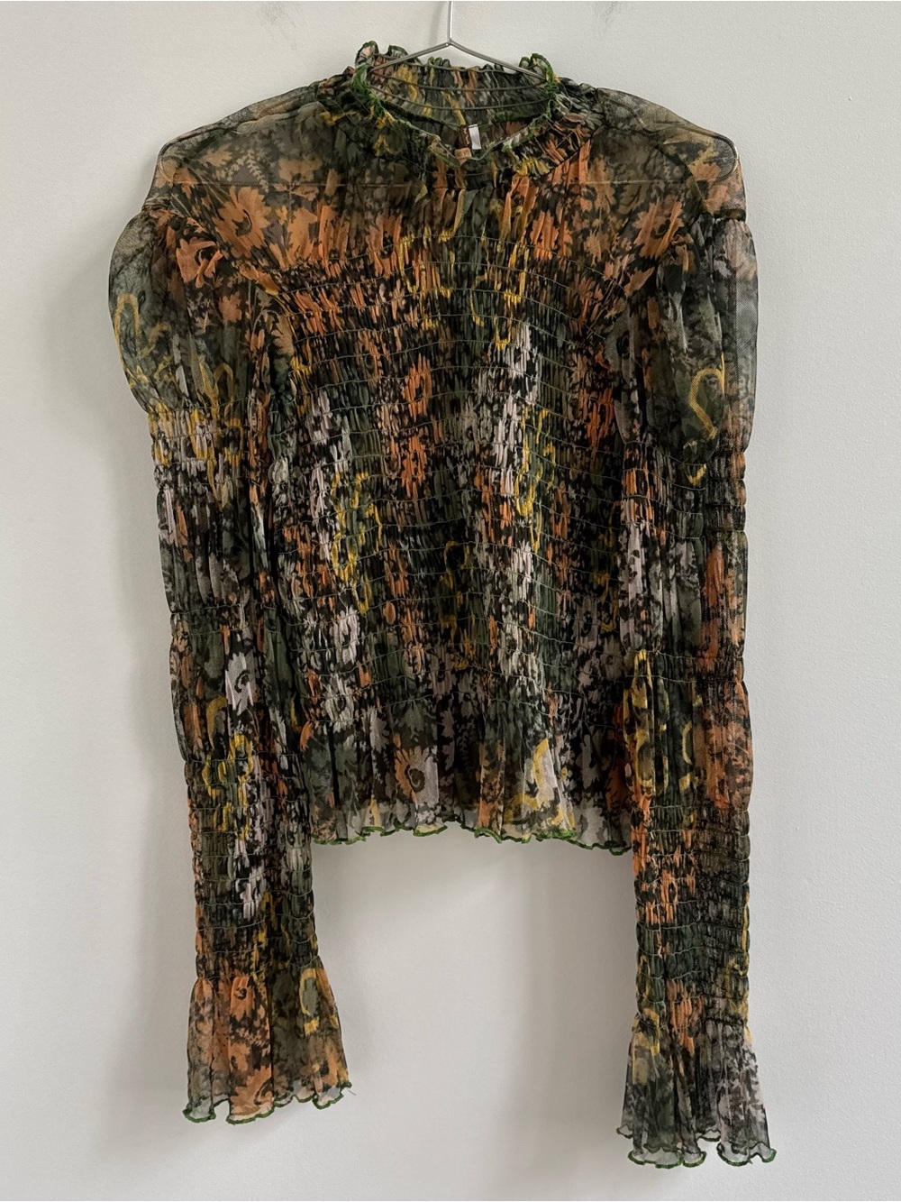 Free People Floral Sheer Smocked Blouse in Green and Orange